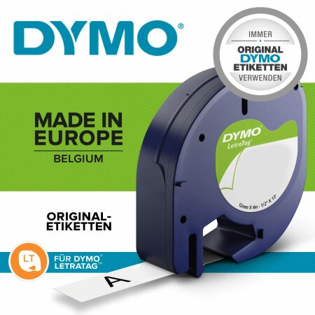 DYMO Original Schriftband für LetraTag Plastik 12mm x 4m - schwarz auf weiss