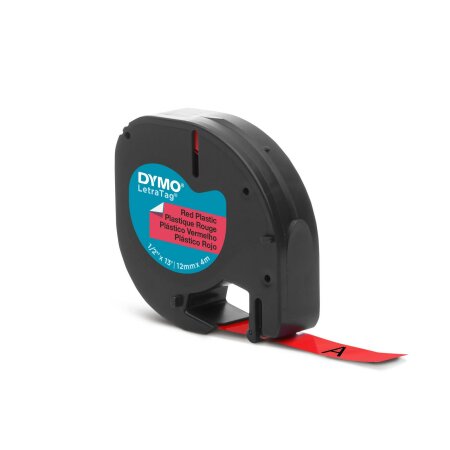 DYMO Original Schriftband für LetraTag Plastik 12mm x 4m - schwarz auf rot