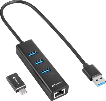 Sharkoon 3-Port Aluminium Hub schwarz, RJ-45, USB-A 3.0/USB-C 3.0